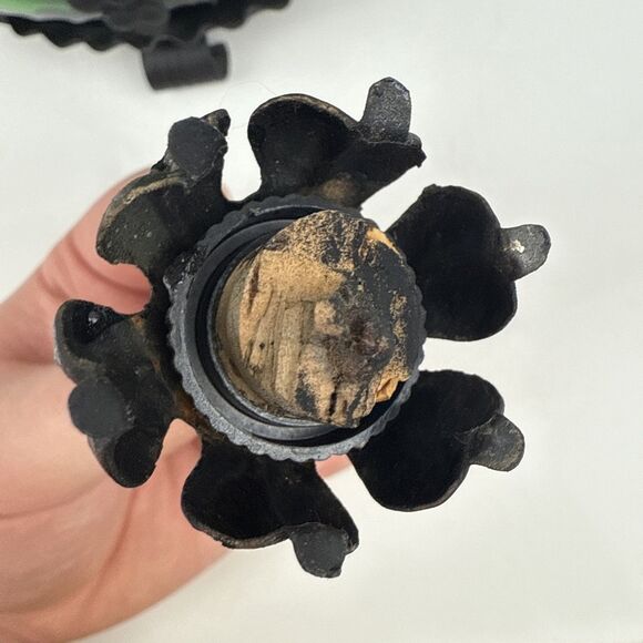 Vintage Metal Encased Wine Bottle w/ Iron Handle Green Glass Ornate With Cork - Picture 12 of 13